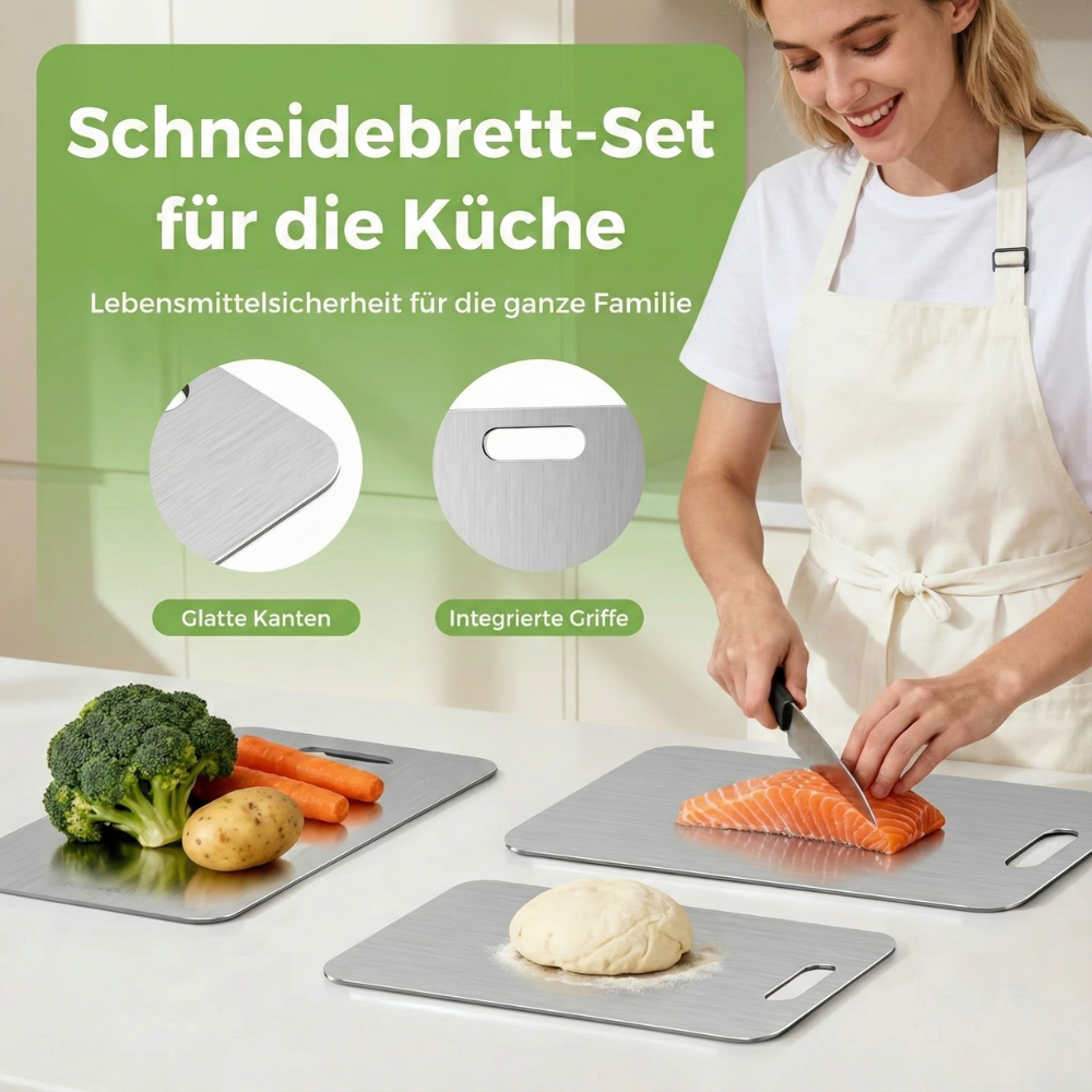 Titan Schneidebretter 3er-Set, Schneidebrett aus 100% Titan für die Küche, Doppelseitige Titanbretter mit getrennten Bereichen für Rohkost und Gekochtes, giftfrei, spülmaschinenfest (S+M+L)