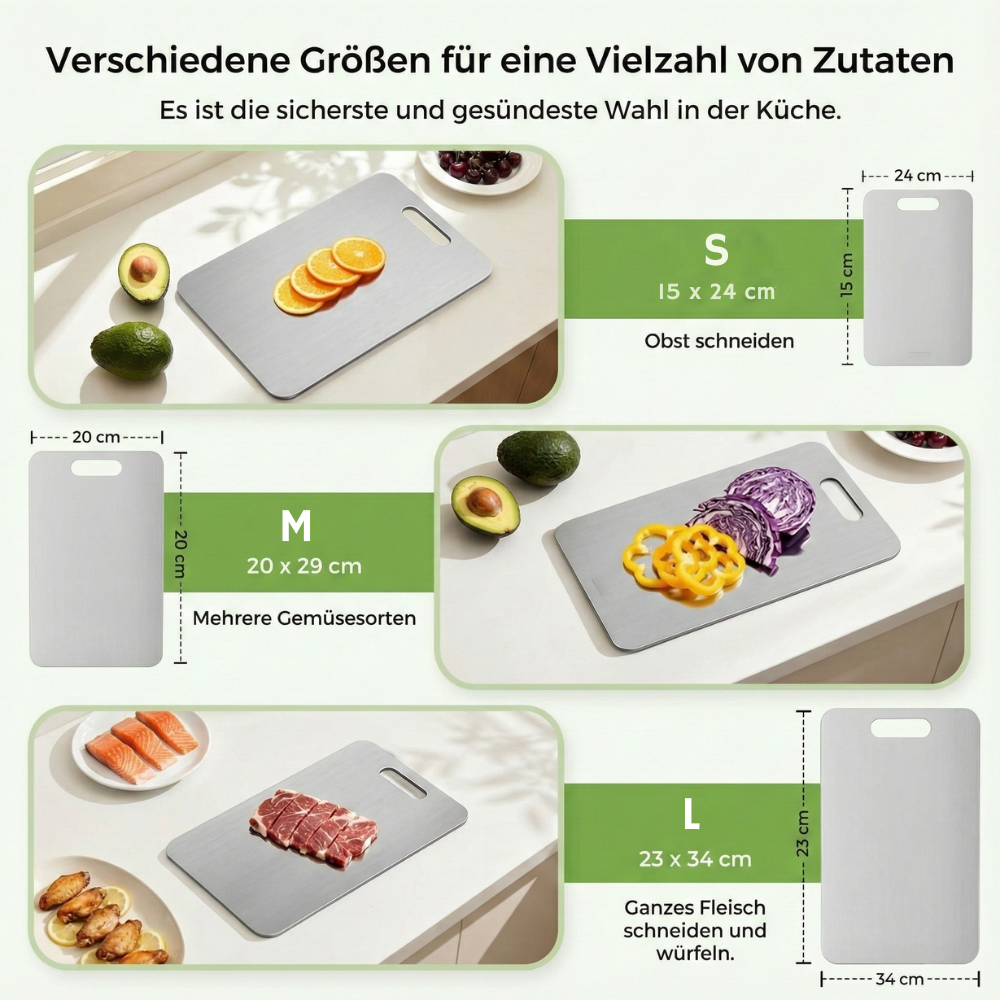 Titan Schneidebretter 3er-Set, Schneidebrett aus 100% Titan für die Küche, Doppelseitige Titanbretter mit getrennten Bereichen für Rohkost und Gekochtes, giftfrei, spülmaschinenfest (S+M+L)