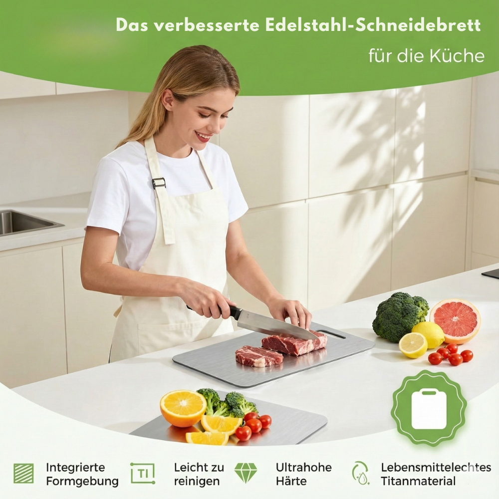 Titan Schneidebretter 3er-Set, Schneidebrett aus 100% Titan für die Küche, Doppelseitige Titanbretter mit getrennten Bereichen für Rohkost und Gekochtes, giftfrei, spülmaschinenfest (S+M+L)
